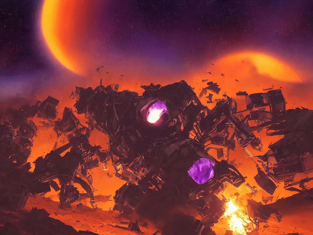 Prompt: two overweight teenagers with emo haircuts, wearing gothy purple and black spandex suits, smashed burning spacecraft wreckage in the background, on the orange surface of mars, highly detailed, dramatic lighting, photorealistic, cinematic