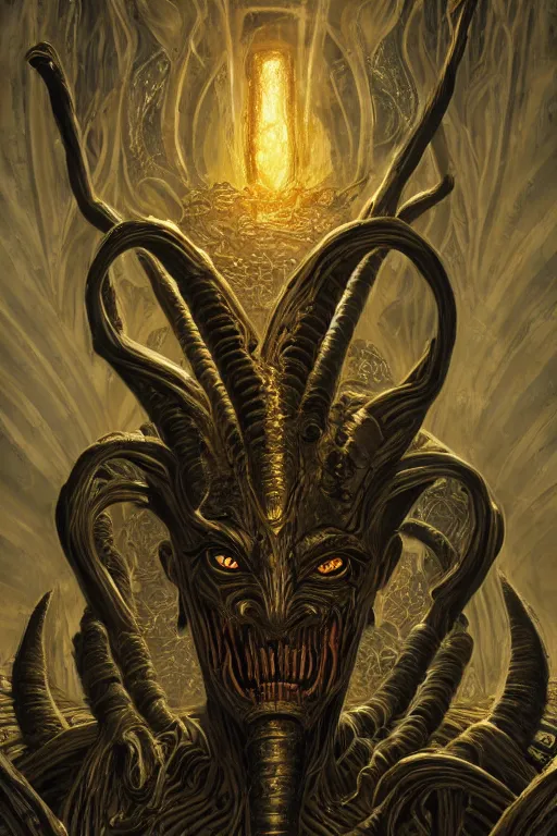 Prompt: portrait of Nyarlathotep the dark evil pharaoh, in style of Doom, in style of Midjourney, insanely detailed and intricate, golden ratio, elegant, ornate, unfathomable horror, elite, ominous, haunting, matte painting, cinematic, cgsociety, James jean, Noah Bradley, Darius Zawadzki, vivid and vibrant