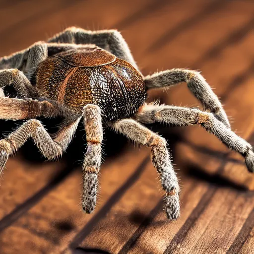 Image similar to a tarantula wearing high heels under her feet, tabletop, detailed, intricate, realistic, hdr, 8 k