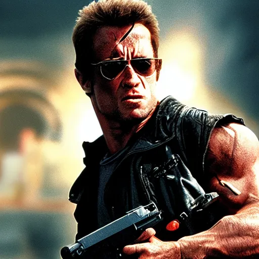 Image similar to terminator vs rambo realistic 4k ultra resolution