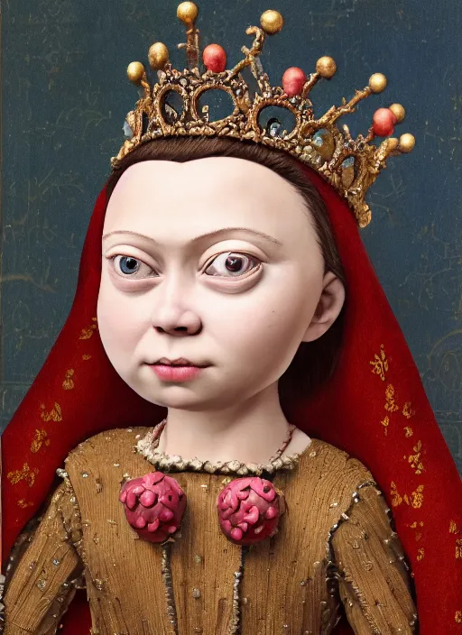 Image similar to closeup medieval jan van eyck face portrait of tin toy greta thunberg medieval goblin as a fairytale princess wearing a crown eating cakes in the castle, bikini, detailed and intricate environment, nicoletta ceccoli, mark ryden, lostfish, hyperrealistic, octane render