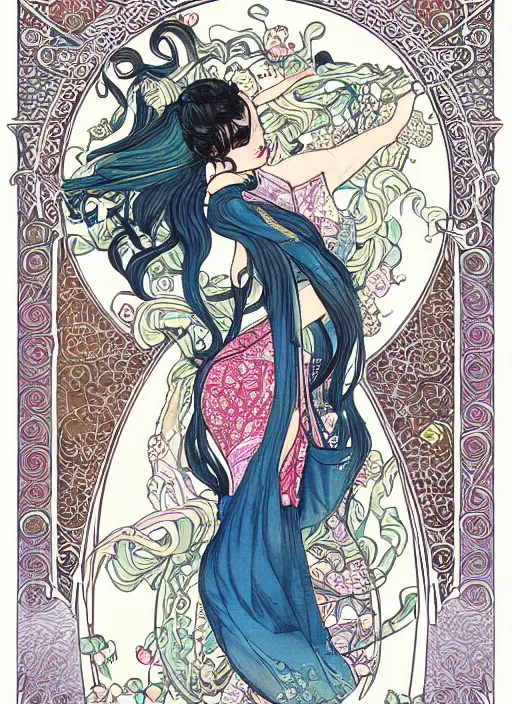 Image similar to an art nouveau copic maker illustration of makima by tatsuki fujimoto