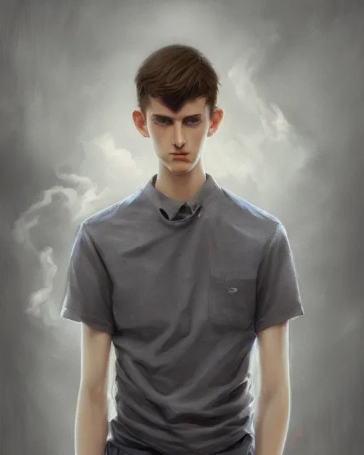 Prompt: portrait of 1 5 - year - old boy, a tall, slender boy with a pale, pointed face, sleek blond hair, and ice grey eyes, cold grey eyes, highly detailed, digital painting, artstation, concept art, smooth, sharp focus, illustration, art by artgerm and greg rutkowski and alphonse mucha