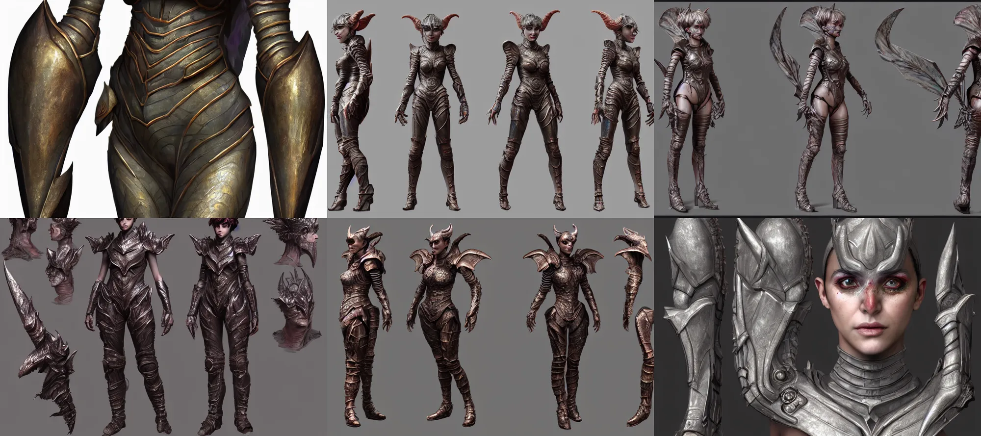 Prompt: hyper detailed substance painted 3 d full body turnaround character portrait of a woman with a pixie cut and demon inspired armor, with a realistically proportioned face, photorealistic eyes, cinematic lighting, good value control, smooth, realistic shading, realistic face details, digital painting, painted texture maps, good colors, illustration, substance painter, ultra realistic, very highly detailed, segmented armor