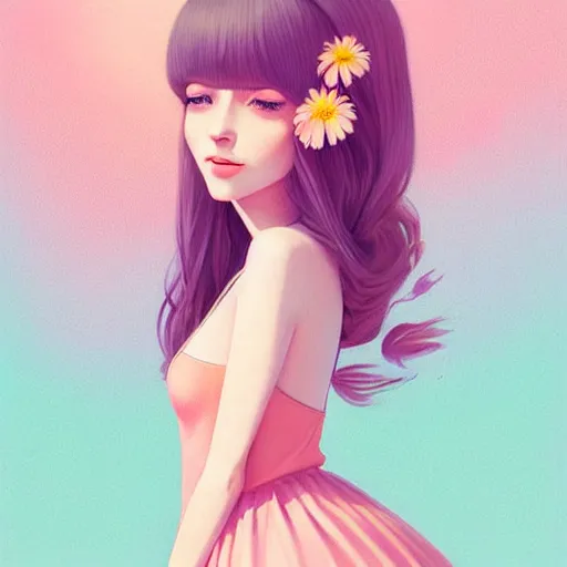 Image similar to happy adult female in sundress, summer dress, pastel light pink very long hair, muted colors, matte print, pastel colors, ornate, digital art, digital painting, fan art, elegant, artstation, head is centered, by Ilya Kuvshinov