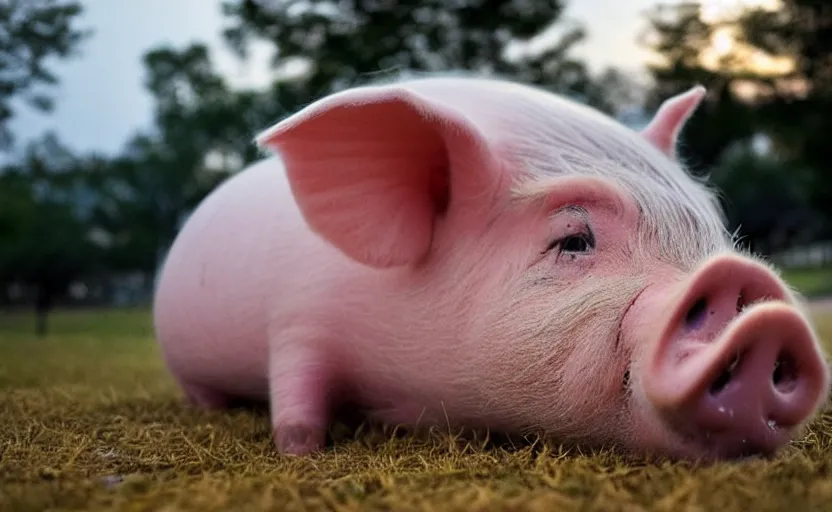 Image similar to a cute pig wearing a straw hat at blue hour, twilight, cool, award winning 4 k photo, twilight cool light, low angle!!!!, low angle, e, from below, worms - eye - view