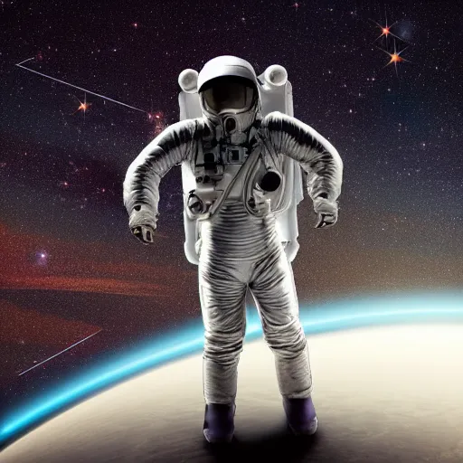 Prompt: man in silver space suit, walking on an industrial catwalk suspended in the darkness of space, surrounded by stars, photograph, isometric view