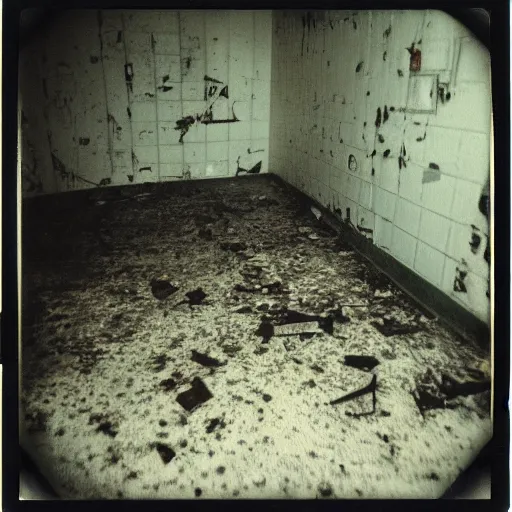 Image similar to grainy polaroid photos of a dark grungy abandoned room with debris on floor with three dark shadowy human figures lit by camera flash