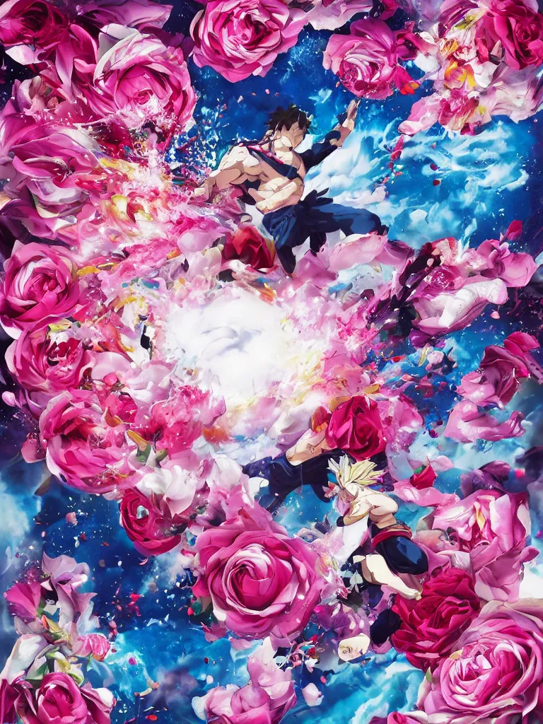 Image similar to hadoken force ball of white and pink roses, flowers exploding and splattering, blue sky, big puffy clouds, spraypaint, totem 2, exploding roses, hodouken, large rose petals, lotus petals, large triangular shapes, studio ghibli anime, radiant lighting, artgerm, manga, trending on artstation, art nouveau, mature colors