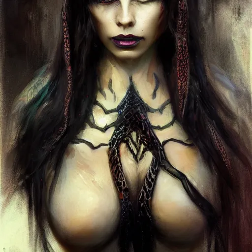 Image similar to snake woman hybrid, long, black scales, bright amber eyes, scales covering her chest, cinematographic shot, by daniel f. gerhartz