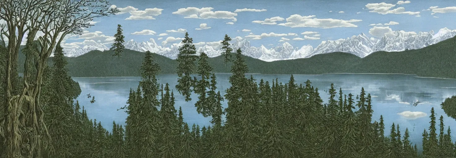 Image similar to escher painting of a lake, big trees reflecting on lake surface, mountains at background, snowy, ultra sharp, ultra detailed, colorized by salvador