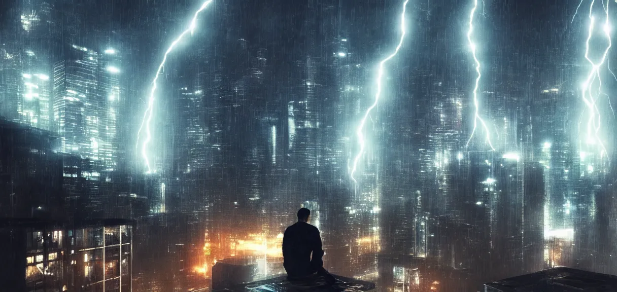 Image similar to shot of the roof with single man sitting on the edge during rain, below impressive cyberpunk night city during great rainy storm with lightning, nightscape, futuristic architecture, realistic photo, neons, blade runner, akira style, cinematic lighting, cinematic angles, dramatic perspective, glory, awe