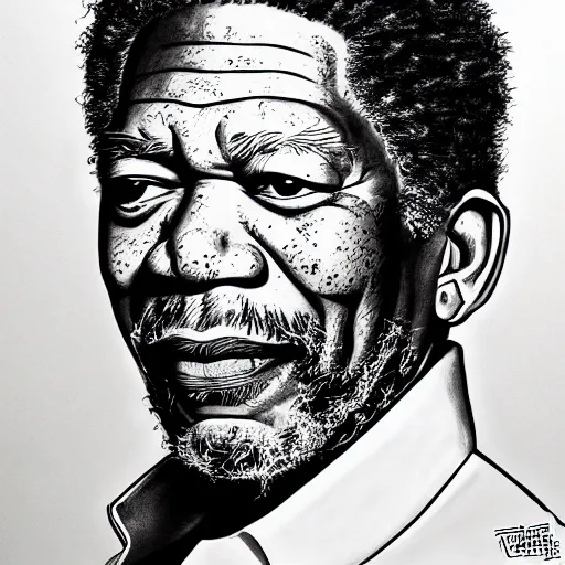 Image similar to morgan freeman, in the style of manga, black and white, highly details, serious, drawn by akira toriyama, trending on artstation