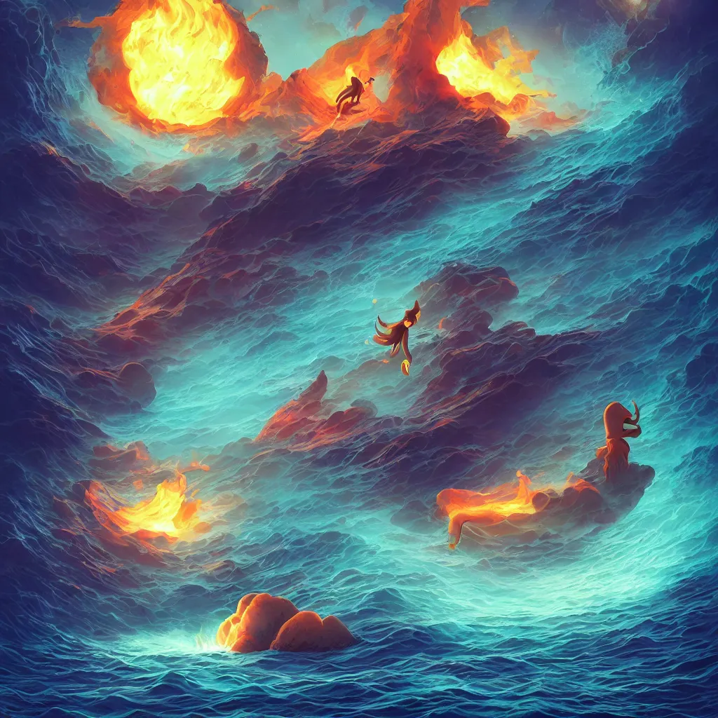 Prompt: Elemental colorful pixar moongate, digital matte black paper art pastiche by Moebius and by Cyril Rolando, Beautiful epic night fire seascape, pastiche by Moebius, Cyril Rolando, Shawn Coss, Junji Ito, and Roger Dean