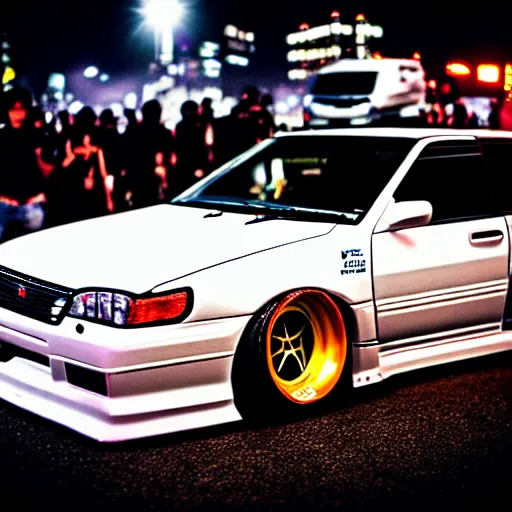 Image similar to a car JZX90 twin turbo drift at illegal car meet, Shibuya prefecture, city midnight mist lights, cinematic lighting, photorealistic, highly detailed wheels, high detail