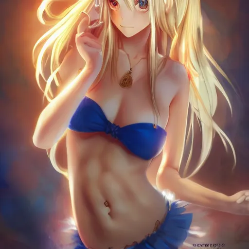 Prompt: full body shot : a very beautiful young blond anime girl imprisoned by golden chains, sky blue eyes,, tattoo, bikini, miniskirt, highly detailed, cinematic wallpaper by stanley artgerm lau