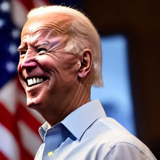 Image similar to Joe Biden with glowing eyes, sinister, evil, laughing, smiling, dark