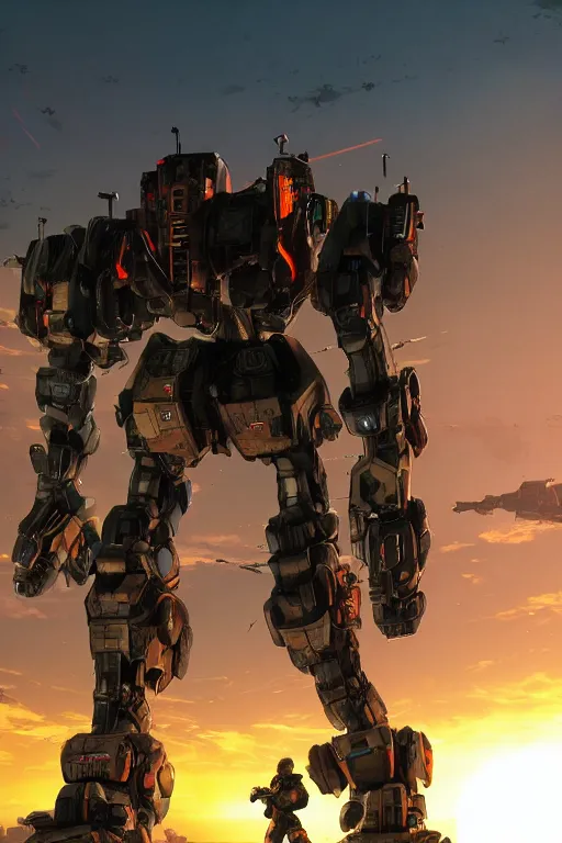 Image similar to A real photo of a Mechwarrior in battle stance, a sunset in the distance, by Josan Gonzalez, Yoji Shinkawa and Geof Darrow, highly detailed, Unreal Engine Render, lots of neon lights on the robot, 3D, 8k wallpaper, uplight