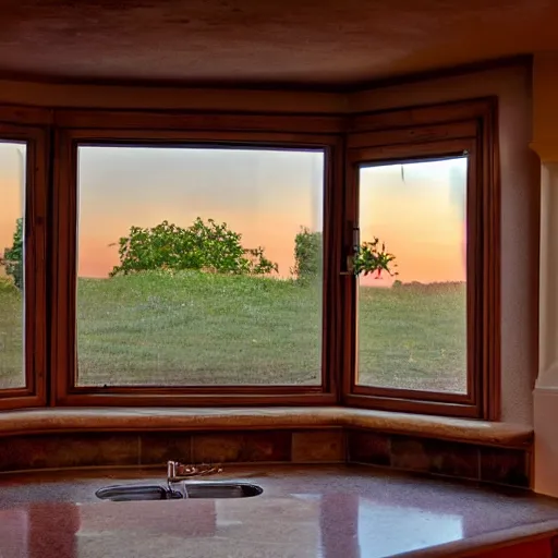 Image similar to kitchen, with cabinets in background, sunrise, large round window,