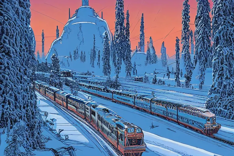 Image similar to trans - siberian express train ultrafine drawing by joe fenton and syd mead and p. craig russell and barry windsor - smith, artstation, 4 k, graphic novel, concept art, matte painting, beautiful russian winter landscape sunset background, golden hour, art nouveau, sharp