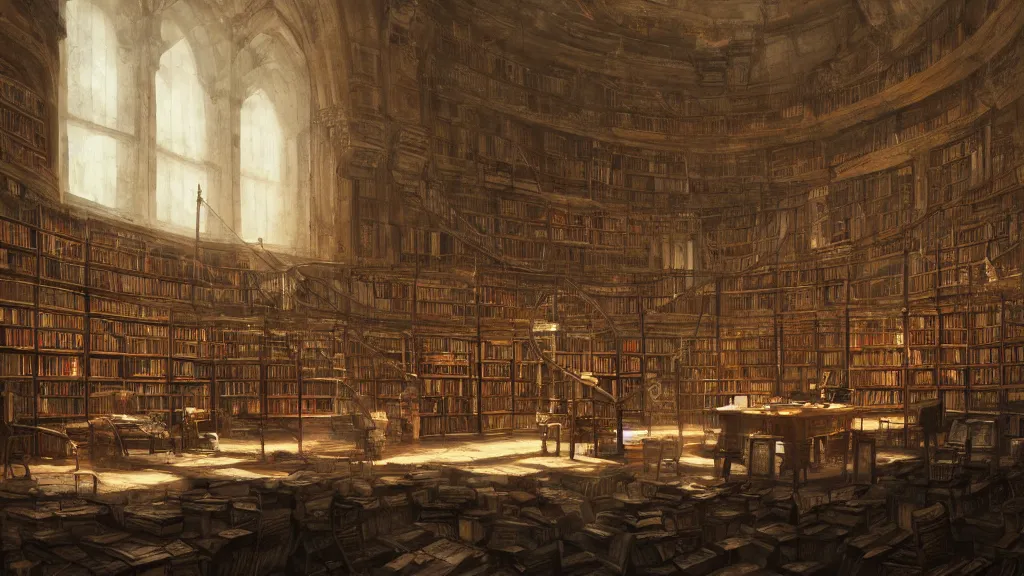 Prompt: interior of ancient library filled with studying scholars, papyrus, watercolored, jakub rozalski, dark colours, dieselpunk, artstation