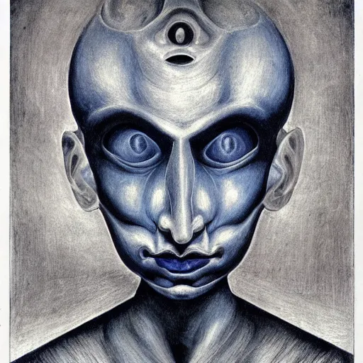 Image similar to Close-up of the cenobite man, pencil drawing. El Greco, Remedios Varo, Salvador Dali, Carl Gustav Carus, John Atkinson Grimshaw. Blue tint. Symetrical, logo, geometric shapes.