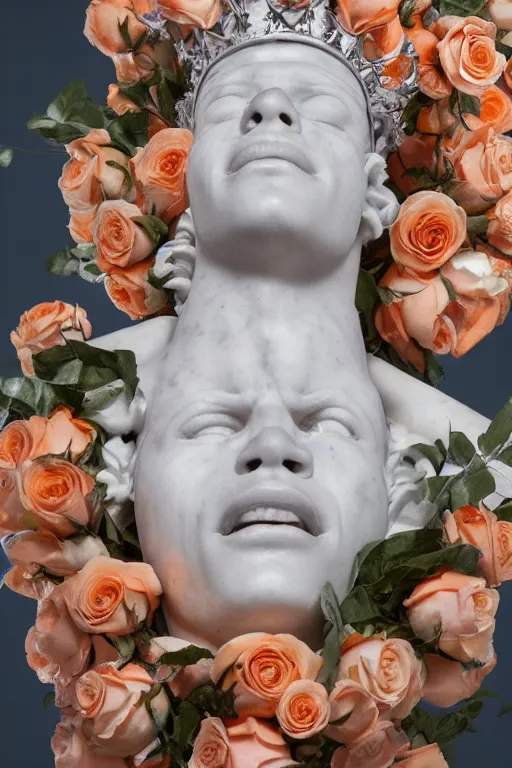 Image similar to beautiful marble bust of basquiat wearing a crown full of peach and white roses and hands reaching to the sky. rococo style decorations, background heavenly sky, marble columns, Trending on artstation. halo. octane render, cinematic, hyper realism, octane render, 8k, depth of field, 3D