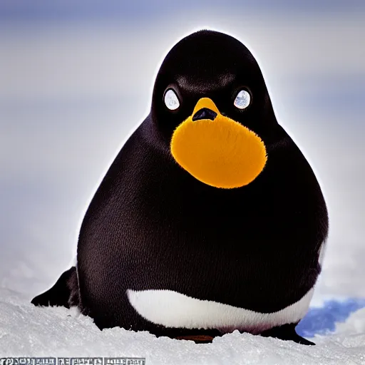 Image similar to hyperrealistic photo of pingu in real life, an arctic wildlife photographer's picture, extremely detailed, impressive shading, snowscapes in the beakground