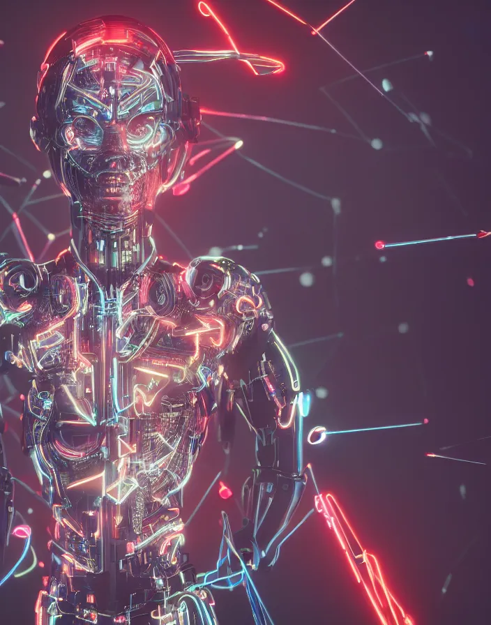 Prompt: full body portrait photo of japanese model cyborg with digital led skin, neon lighting, techno neon projector background, portrait photo, intricate details, ultra realistic, unreal engine 5, depth of field, bokeh, octane render, 8 k hd