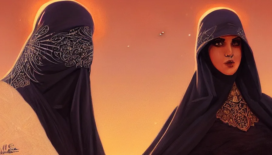 Image similar to Portrait of very very very very very very beautiful Arab woman wearing a Niqab, glowing magical eyes, energy trails, under giant full moon in the desert, intricate, elegant, highly detailed, digital painting, artstation, concept art, smooth, sharp focus, illustration, art by artgerm and greg rutkowski and alphonse mucha