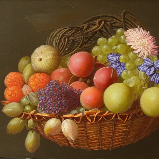 Image similar to a beautiful detailed painting of a still life of fruit and flowers in a basket