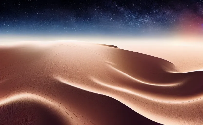 Prompt: an abstract illustration of a desert flowing through deep space, nasa high quality photography, award winning cinematography, surreal desert landscape and galaxies, 4k render