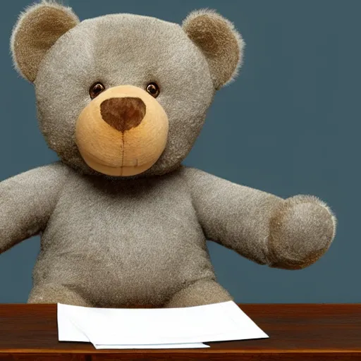 Prompt: teddy bear looking at his termination letter, screaming at it in silence,