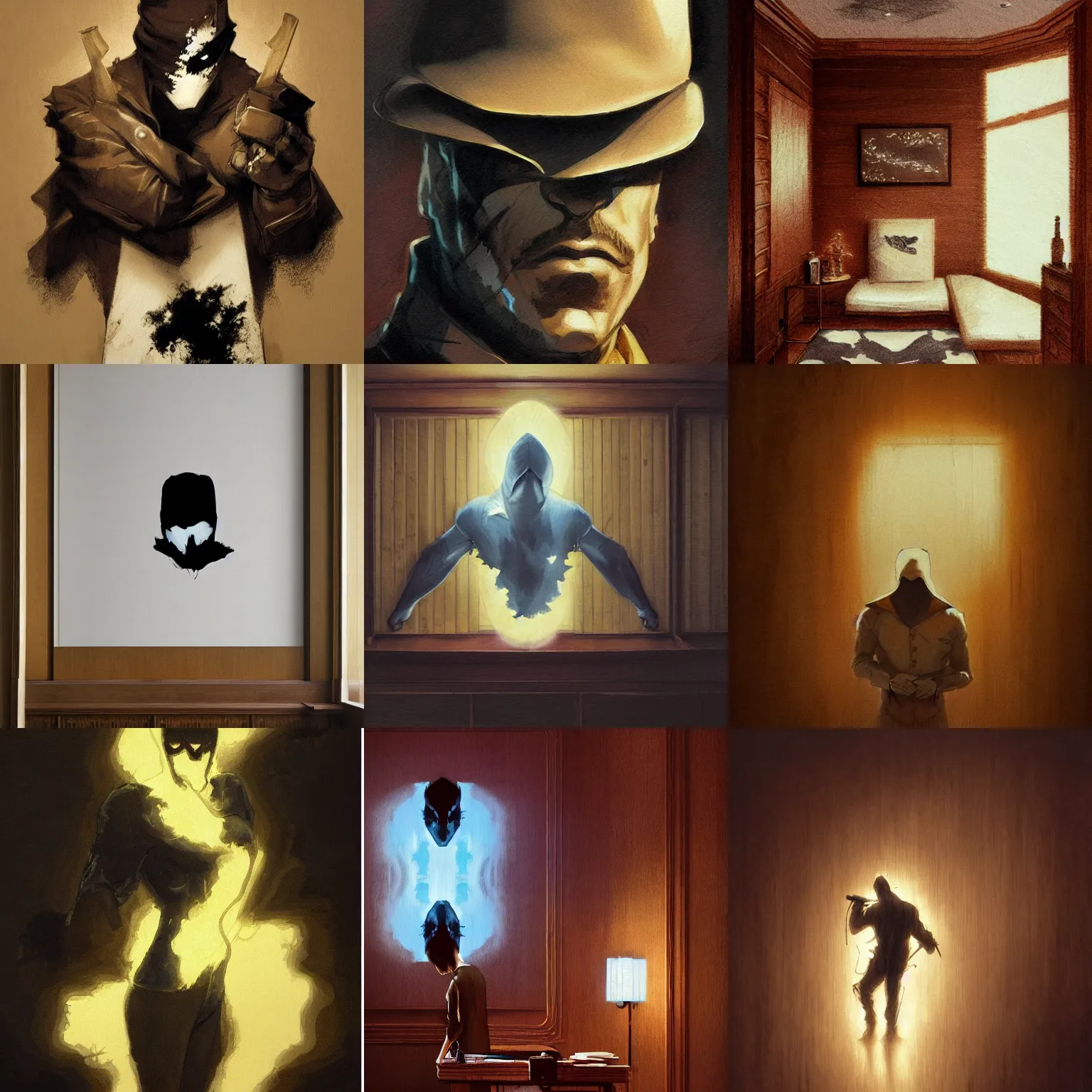 Prompt: Rorschach, high focus, 8k, wood paneling, warm lighting, by Artgerm and greg rutkowski, deviantart