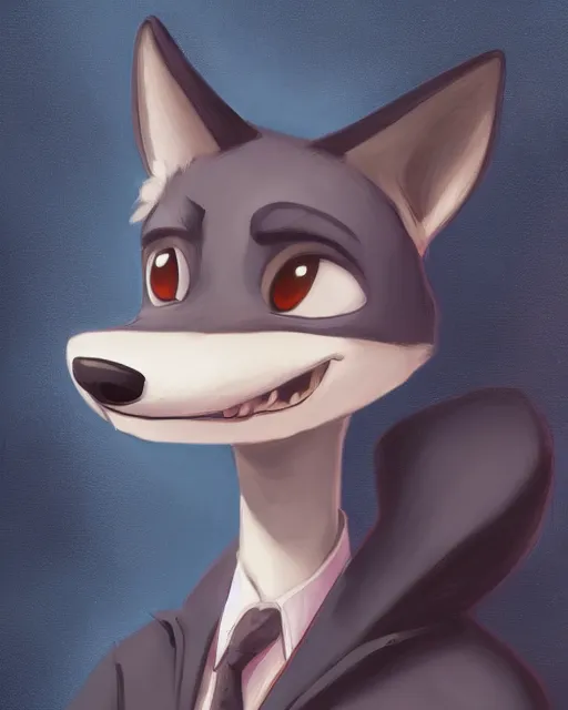 Image similar to oil painting of anthromorphic female wolf, in style of cory loftis, female fursona, furry, furaffinity, 4 k, deviantart, furry art, fursona art, wearing black business suit, business suit, in style of zootopia, wolf fursona, cyberpunk, female, very expressive detailed feminine face,