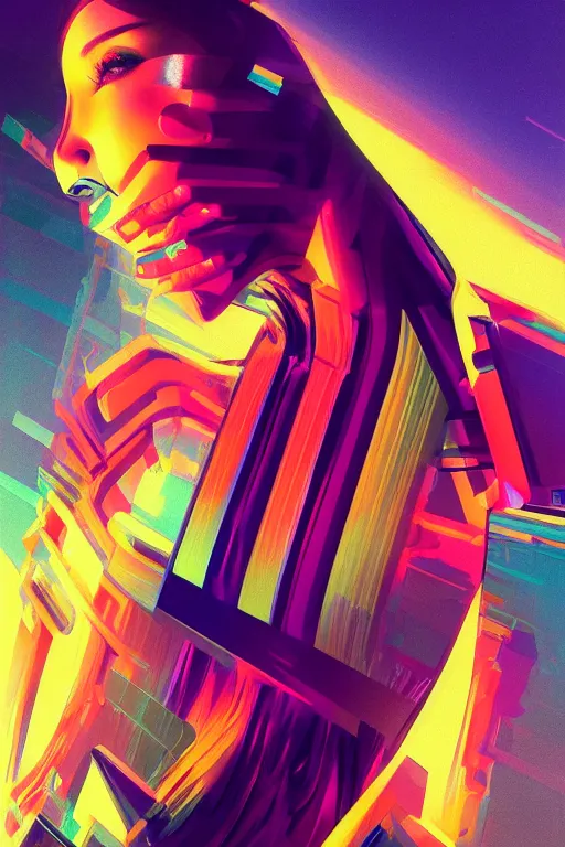 Prompt: portrait, digital painting, an beautiful, crazy hacker girl, lost in code, synthwave, glitch!!, fractured reality, mirrors, realistic, hyperdetailed, golden hour, concept art, art by syd mead