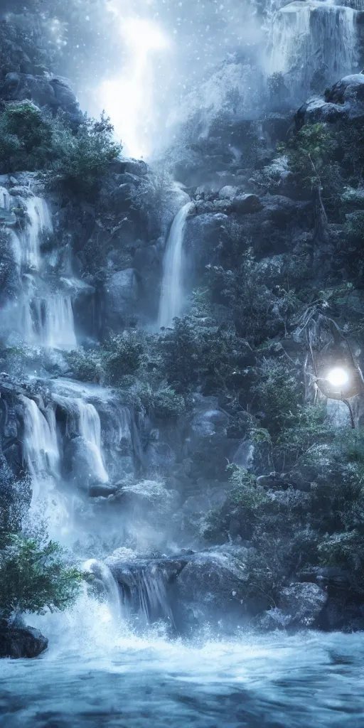 Prompt: photorealistic full shot of waterfall at moonlight, apocalyptic background, snowing, lightning bolt, blue color palette, high detail, unreal engine 4k volumetric light, fog,