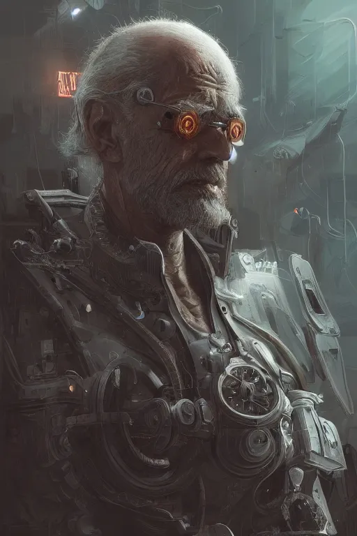 Image similar to ultrarealistic illustration old man cyborg, cyberpunk, sci - fi fantasy, intricate, elegant, highly detailed, digital painting, artstation, concept art - g