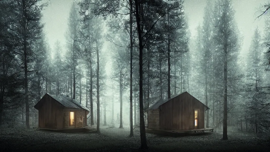 Image similar to [ a cabin in the woods. ] artgerm, mikko lagerstedt, zack snyder, tokujin yoshioka