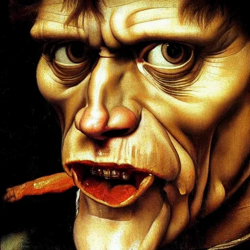 Image similar to close up portrait of willem dafoe eating an entire horse, oil painting, high detail, dark lighting, atmospheric, extremely detailed, intricate, da vinci, michelangelo, caravaggio, hans holbein, raphael, donatello, 8 k