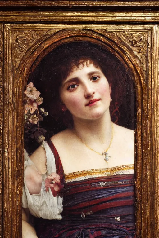 Image similar to a renaissance oil painting close shot portrait by alma tadema of a woman grinning evilly, obsidian jewellery, a crown made of dark candles and flowers, colourful pastel, detailed academic bouguereau, high shadow, sharp focus