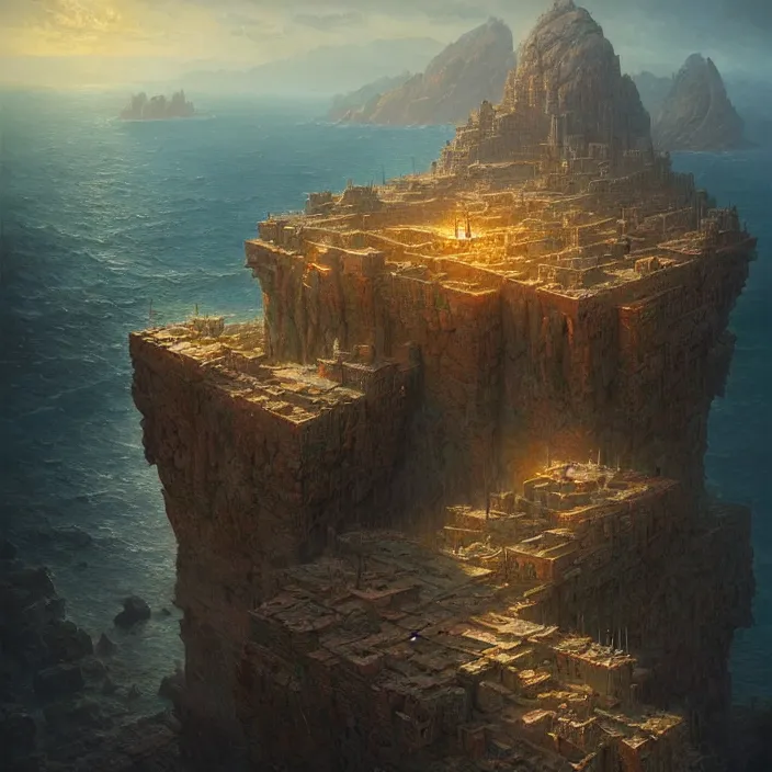 Image similar to matte painting by marc simonetti, jonathan solter, greg rutkowski of a rocky island, masterpiece, cinematic, hyperdetailed, photorealistic, hyperrealism, architecture, aerial view,