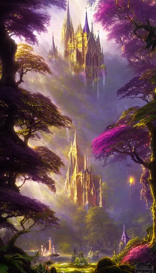 Image similar to fairy palace, castle towers, sunbeams, gothic cathedral, Japanese shrine waterfall, gold and gems, purple trees, lush vegetation, forest landscape, painted by tom bagshaw, raphael lacoste, eddie mendoza, alex ross concept art matte painting