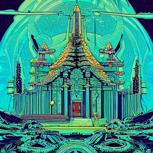 Image similar to highly detailed illustration of a temple on a strange planet, featured in juxtapoz magazine, featured in behance, by kilian eng, by thomas rome