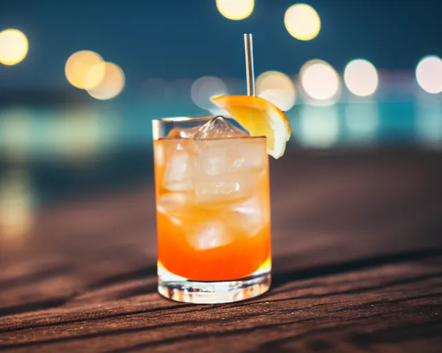 Prompt: 5 5 mm photo of best cocktail on a wooden table at a beach at night. dof. bokeh. magical atmosphere highly detailed 8 k. intricate. lifelike. soft light.