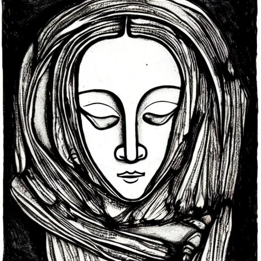 Image similar to an ink drawing of da vinci style white tragedy mask