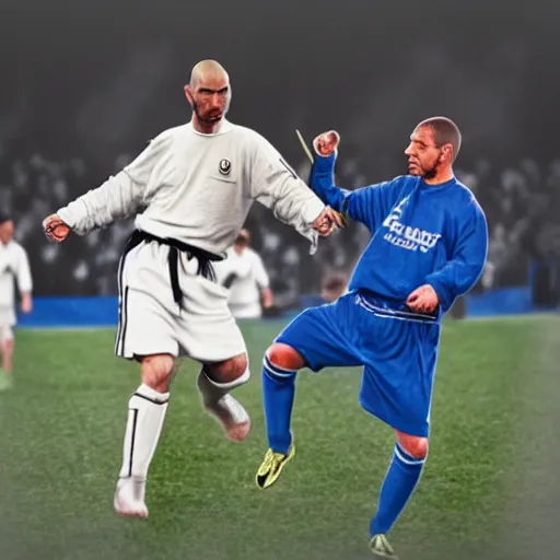 Prompt: A realistic photo of a Jedi fight between Zinédine Zidane and Marco Materazzi, hyper-realistic, 8K HDR.