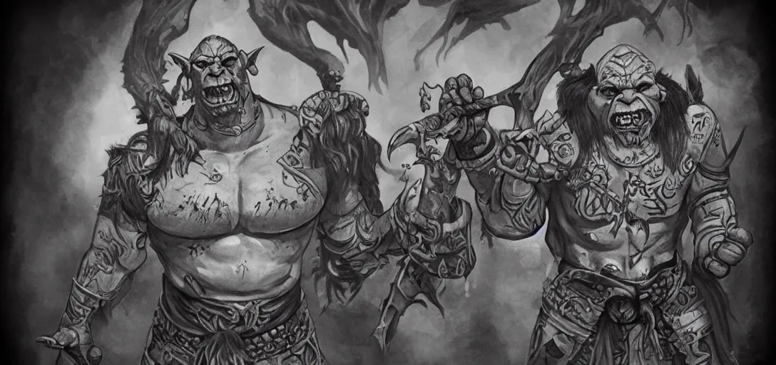 Image similar to 'stylized D&D wizard Orc, Dirty brute Orc with tattoo, casting a spell to create eerie white lighting'