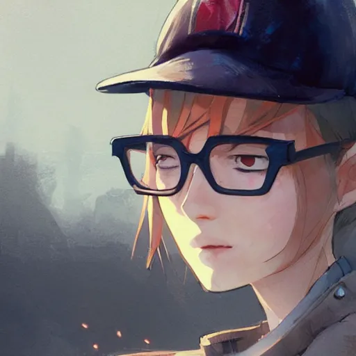 Prompt: a cute girl wearing glasses and a cap, looking to the trains, cinematic lighting, dramatic atmosphere, artwork by dustin nguyen, akihiko yoshida, greg tocchini, greg rutkowski, cliff chiang, 4 k resolution, trending on artstation,