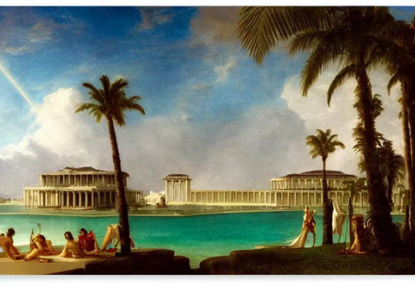 Image similar to Palace floating in the sky, 1km tall, thunderstorm, greek pool, beach and palm trees on the background major arcana sky, by paul delaroche, hyperrealistic 4k uhd, award-winning very detailed